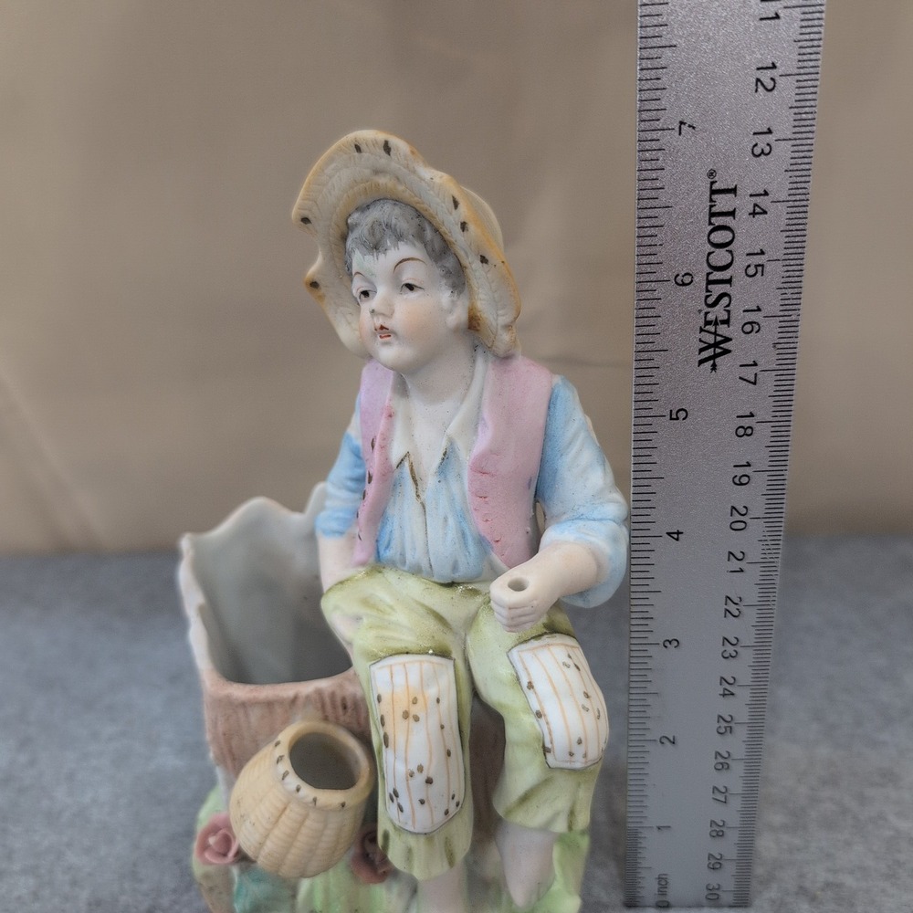 Vintage Boy Sitting on Tree Stump Figurine Planter Vase Porcelain Floral Japan - Picture 2 of 6